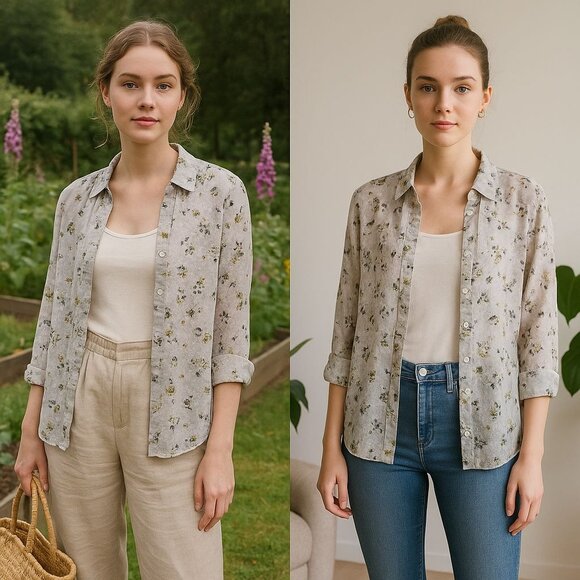 Loft Women's Floral Button-Up Blouse Gray M Cottagecore Clean Girl Light Layers - Picture 1 of 13